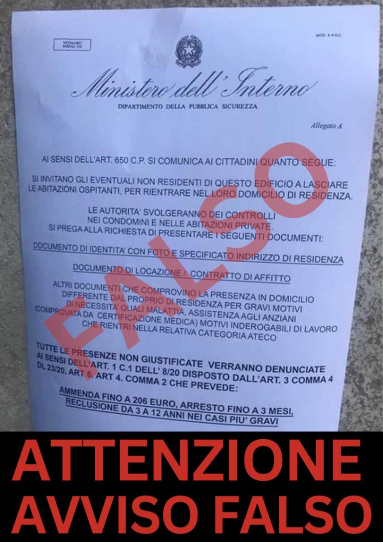 Avvisi falsi alla porte. Le forze dell’ordine avvertono la cittadinanza