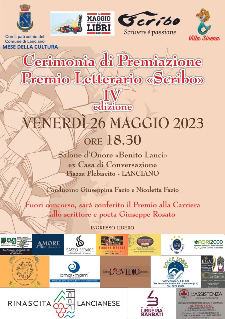 DOMANI A LANCIANO LA CERIMONIA CONCLUSIVA DEL PREMIO LETTERARIO “SCRIBO”